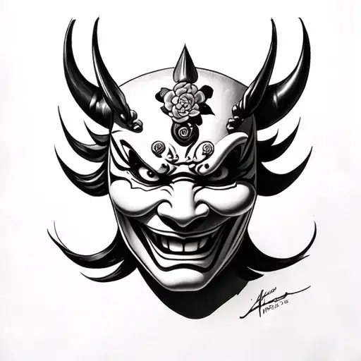 Black and white pencil sketch of a Hannya mask in realistic fine art style, with smooth shading and clean lines tattoo design idea