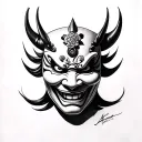 Black and white pencil sketch of a Hannya mask in realistic fine art style, with smooth shading and clean lines tattoo design idea