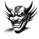 Black and white pencil sketch of a Hannya mask in realistic fine art style, with smooth shading and clean lines tattoo design idea
