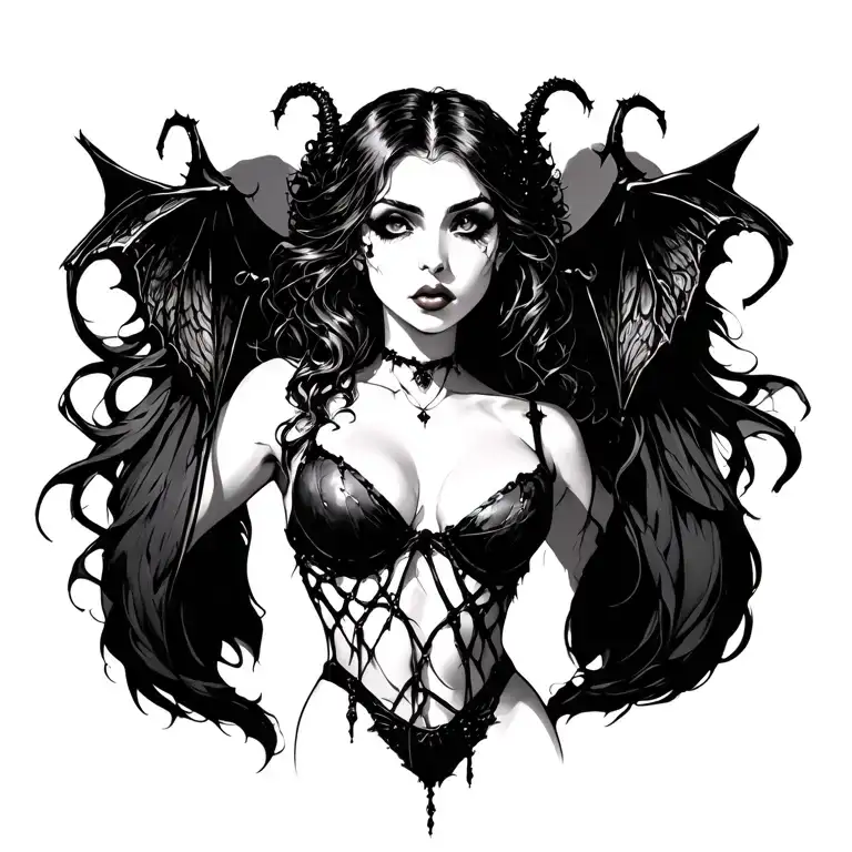 Gothic, Succubus, Big Boobs, G-String, Ripped Bra tattoo design idea