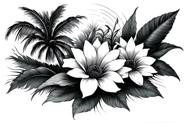 sunflowe, Lili flower, loto flower, coconut tree, ocean, tattoo design idea