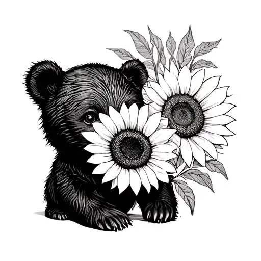 baby bear with sunflower tattoo design idea