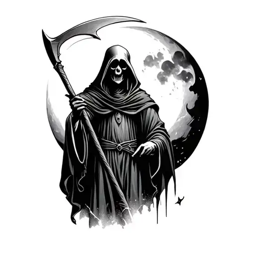 grim reaper holding his scythe with the moon in the background tattoo design idea