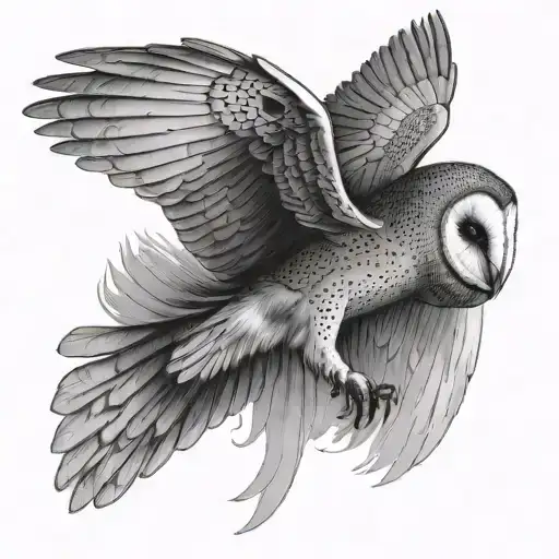 A black and white symmetrical tattoo of a barn owl (Tyto alba) in mid-flight.  tattoo design idea
