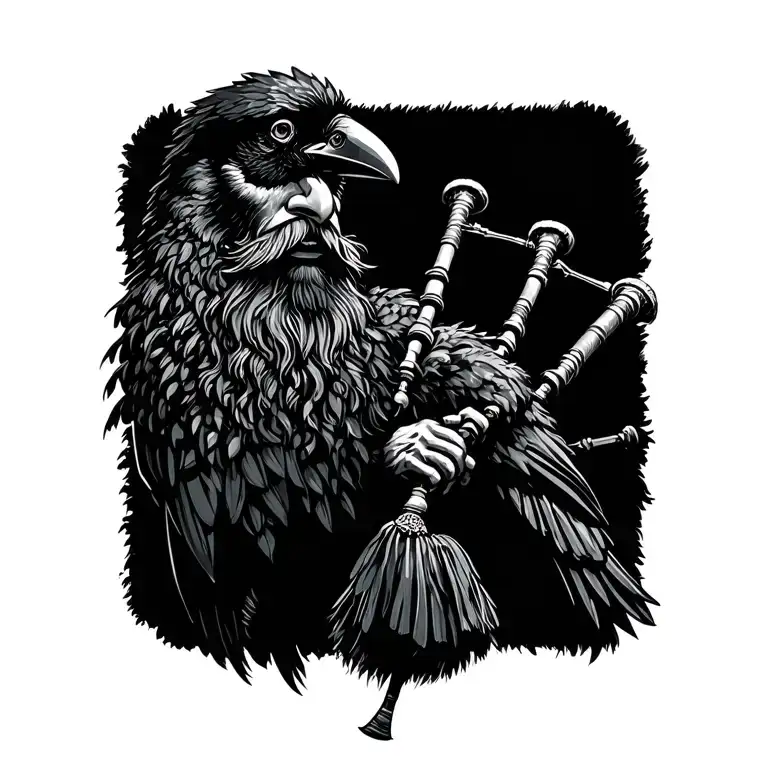  crow muscular with mans face bagpiper playing black bagpipes baldblack beard tattoo design idea