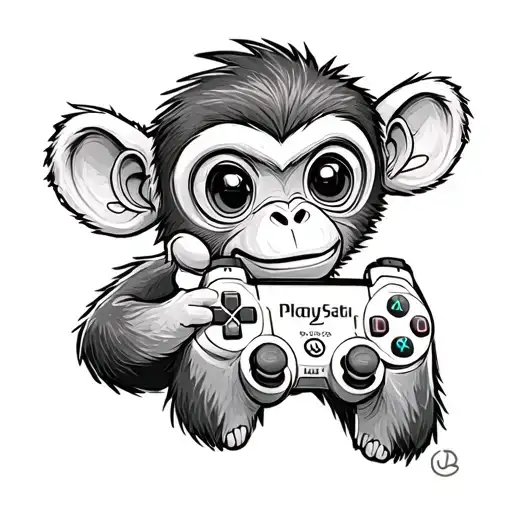 A cute monkey holding PlayStation controller tattoo design idea