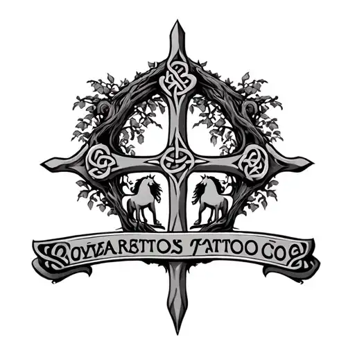 horses tree Celtic cross family crest tattoo design idea