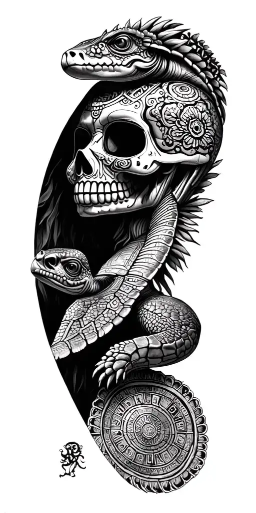 sugar skull and sea turtle and iguana and mayan calendar and ruins tattoo design idea