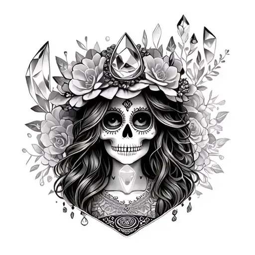 sugar skull gypsy girl fortune teller looking into a crystal tattoo design idea