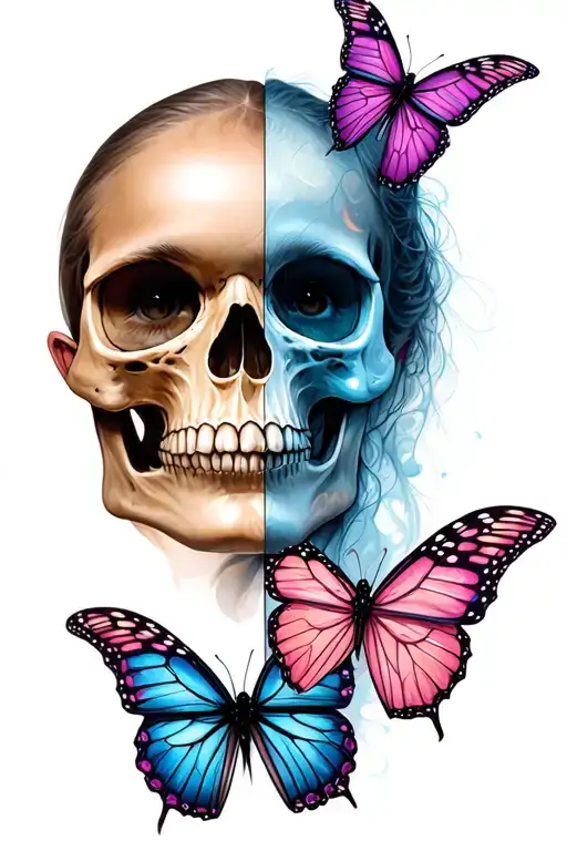 Girl half of the face Skull half in color butterflies tattoo design idea