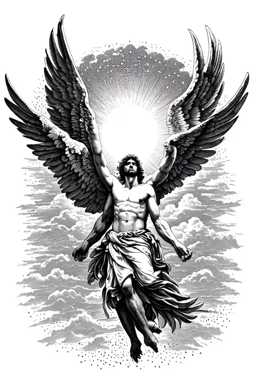 The mythology Icarus flying towards a shining sun above him tattoo design idea