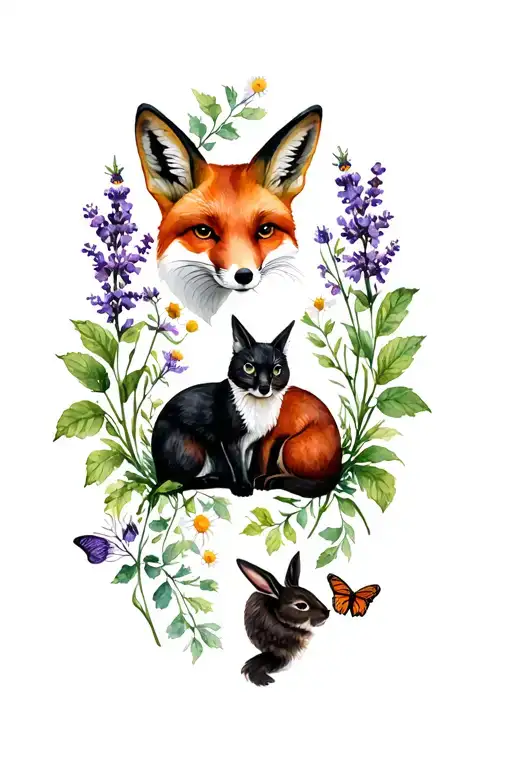 ivy, red fox, black cat, lavender, chamomile, leaves, rabbit, monarch butterflies, dull colours, dark style tattoo design idea