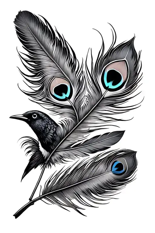 forarm sleeve with an Eagle feather humming bird feather, Raven feather and a peacock feather tattoo design idea