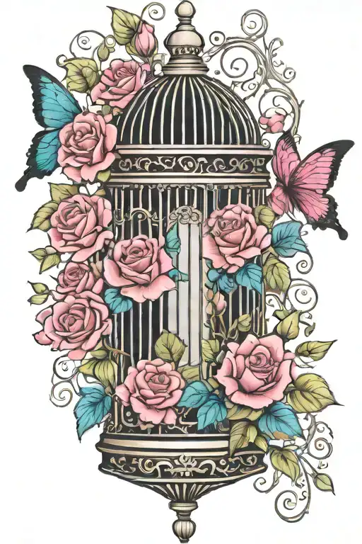 birdcage with teal butterflies flying out of open cage door surrounded by 3 dark pink roses and ivy tattoo design idea