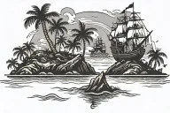 deserted island and pirate ship scene. black and white. clean lines.   tattoo design idea
