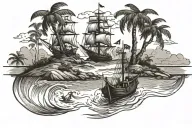 deserted island and pirate ship scene. black and white. clean lines.   tattoo design idea
