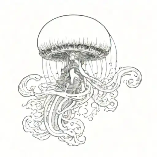 Generate a tattoo design where there is a big jellyfish underwater with a mermaid struggling to escape its tentacles. tattoo design idea