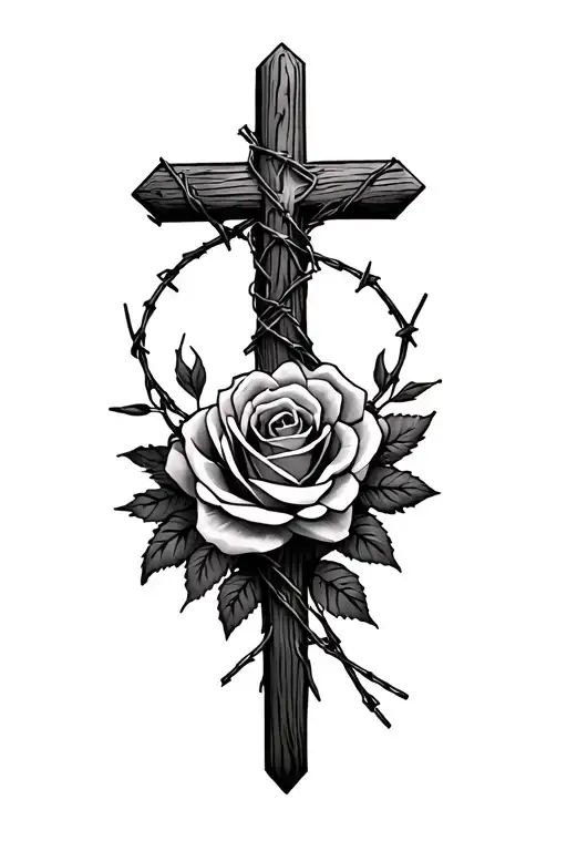 wooden cross wrapped in barbed wire and roses tattoo design idea