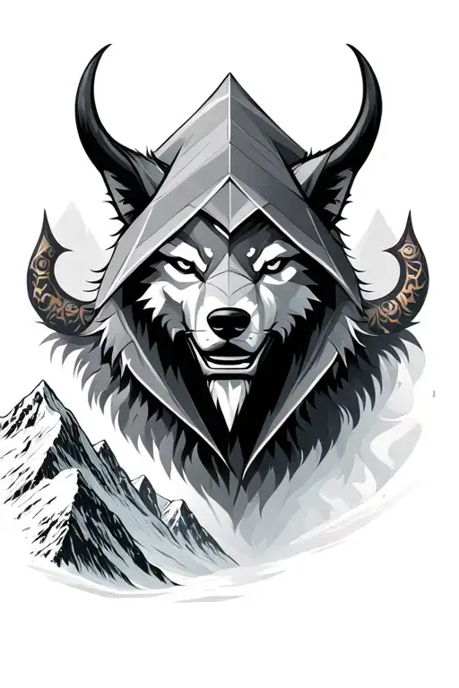 hooded oni mask above snow capped mountains, wolf, fade from realism to geometric tattoo design idea