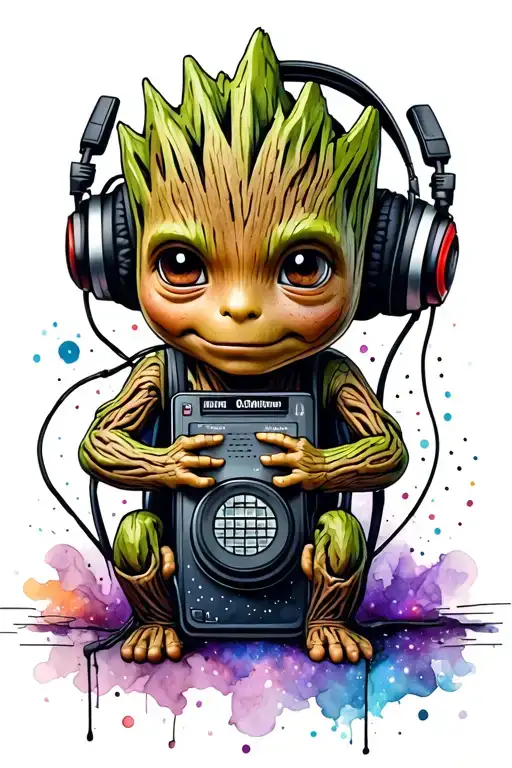 baby groot with walkman and headphones. watercolor galaxy as background tattoo design idea