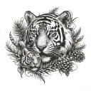 tiger face holding a tiger cub in the forest with pine cones and dinosaurs  tattoo design idea