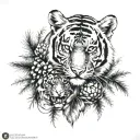 tiger face holding a tiger cub in the forest with pine cones and dinosaurs  tattoo design idea