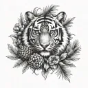 tiger face holding a tiger cub in the forest with pine cones and dinosaurs  tattoo design idea