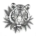 tiger face holding a tiger cub in the forest with pine cones and dinosaurs  tattoo design idea