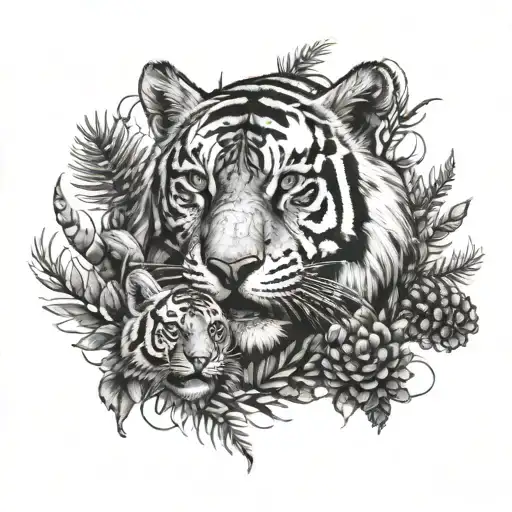 tiger face holding a tiger cub in the forest with pine cones and dinosaurs  tattoo design idea