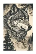 wolf with amber eyes, howls at the full moon in the middle of the forest tattoo design idea