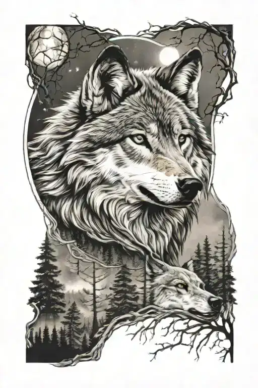 wolf with amber eyes, howls at the full moon in the middle of the forest tattoo design idea