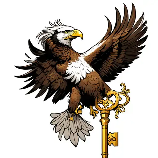 Top Eagle: With its powerful, sharp talons, the upper eagle firmly grips a large golden key at the center of the composi tattoo design idea
