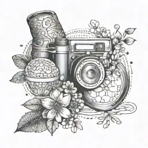 A dotwork tattoo featuring a mandala design incorporating elements of a pastry chef's tools and equipment, with small flowers delicately scattered throughout the pattern tattoo design idea
