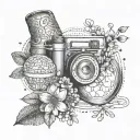 A dotwork tattoo featuring a mandala design incorporating elements of a pastry chef's tools and equipment, with small flowers delicately scattered throughout the pattern tattoo design idea