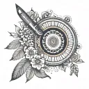 A dotwork tattoo featuring a mandala design incorporating elements of a pastry chef's tools and equipment, with small flowers delicately scattered throughout the pattern tattoo design idea
