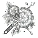 A dotwork tattoo featuring a mandala design incorporating elements of a pastry chef's tools and equipment, with small flowers delicately scattered throughout the pattern tattoo design idea
