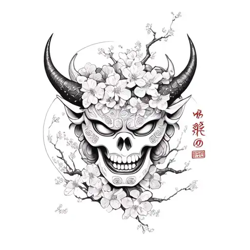 half oni mask with cherry Blossom And Japanese life death kanji symbols tattoo design idea