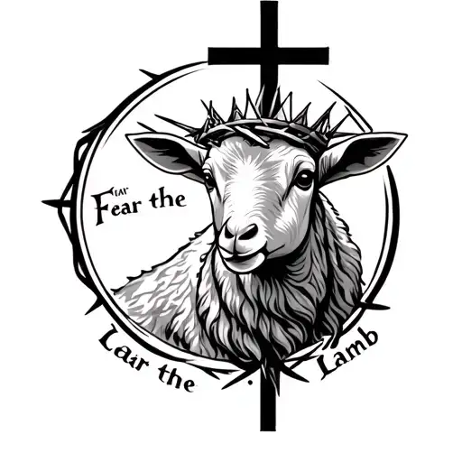 Lamb with a Cross, wearing crown of thorns, with text "Fear the Lamb" tattoo design idea