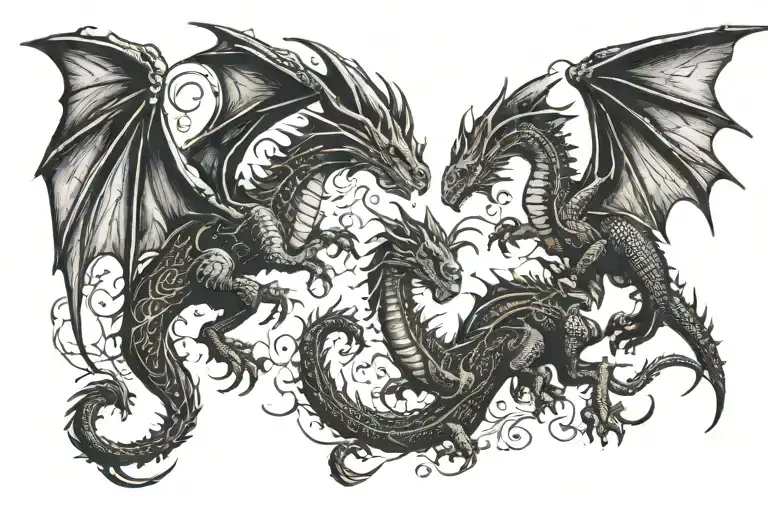 dragons, two, flying away. fantasy scene tattoo design idea