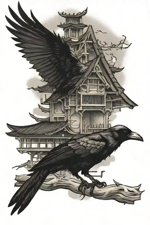 crow on a Japanese house tattoo design idea