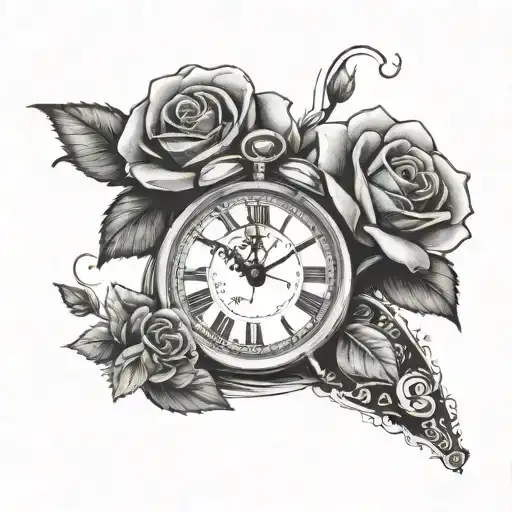 footprint and clock and dollar bill roses tattoo design idea