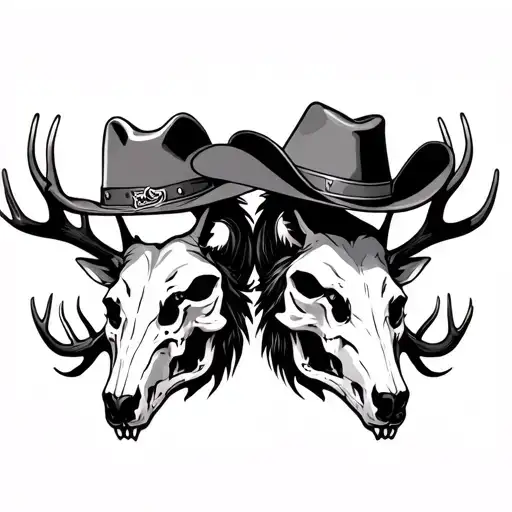 A fine line black and grey stag skull and a wolf skull opposite each other with a cowboy hat floating above them tattoo design idea