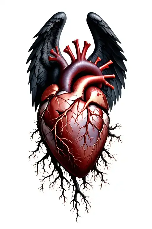 An anatomical heart with roots growing down and dark wings up: a mixture of the human and the mythical, tattoo design idea