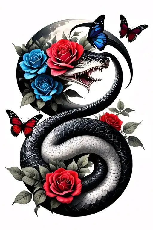 snake intertwining roses red and blue and butterflies extend the head and add a moon with the snake head covering moon tattoo design idea