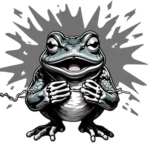 toad standing holding a electrical wire in both hands being shocked with bones tattoo design idea