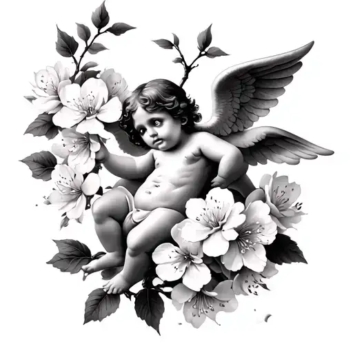 cherry blossoms with cherubs  tattoo design idea