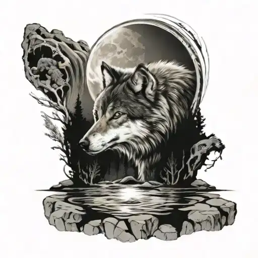 A wolf, behind him a large moon. Below a flowing river wolf. The whole tattoo has a halo around it tattoo design idea