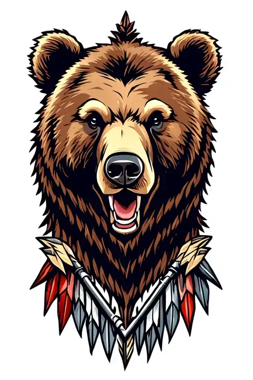 American trad bear head with arrows in background  tattoo design idea
