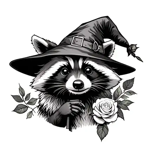 raccoon wearing a witch's hat and holding a rose tattoo design idea