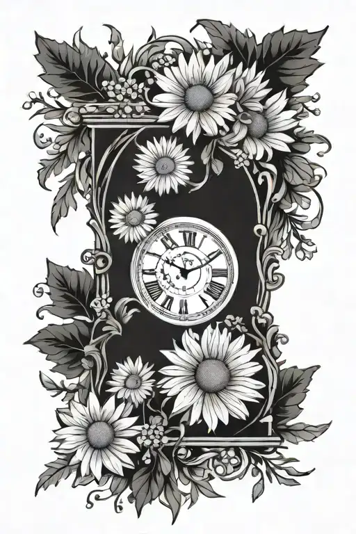 clock showing time 9:23 with daisies and evergreens around it  tattoo design idea